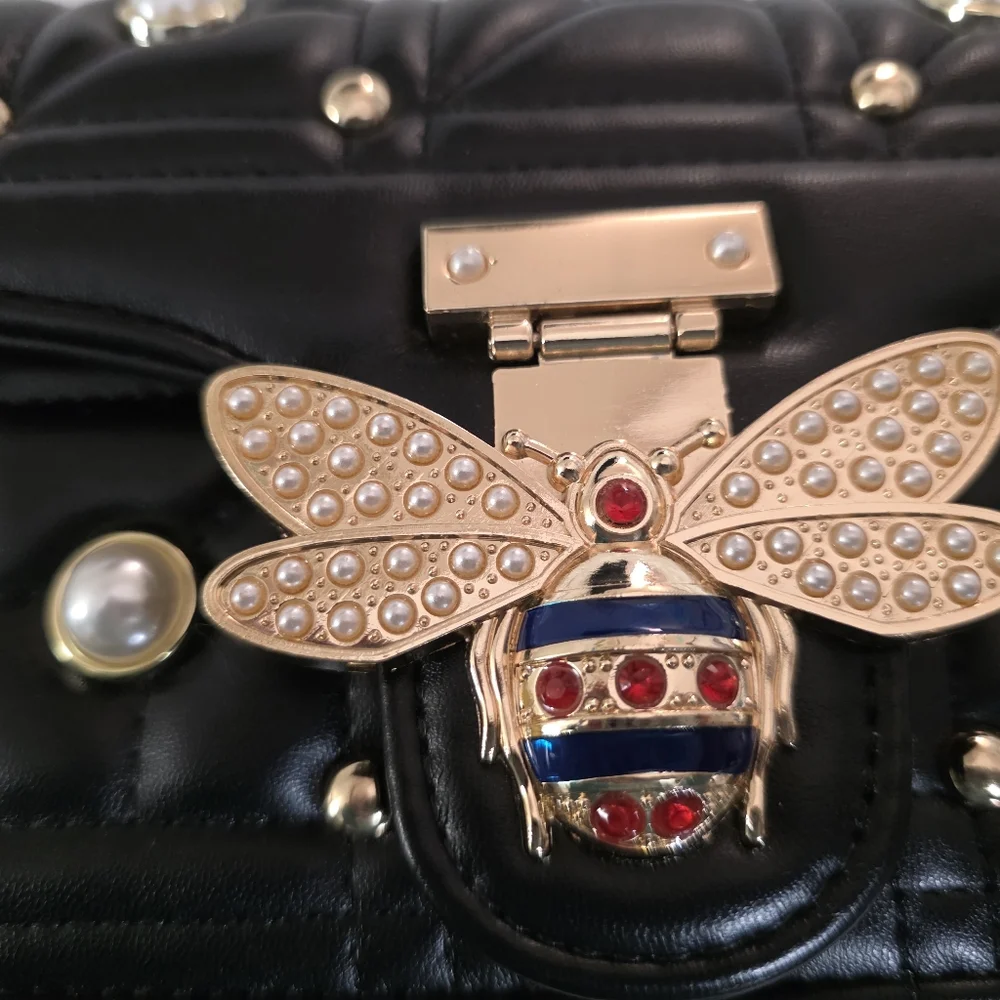 Black Quilted Faux Leather  Bag with Bee Clasp & Adjustable Gold Chain - Picture 3 of 5